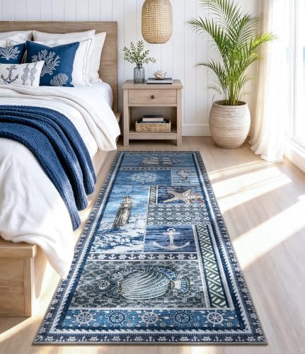 Vintage Nautical Area Rug 2x6 Coastal Runner Washable Non-Slip Low Pile