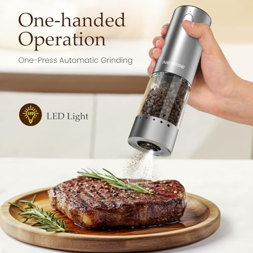Newise Rechargeable Salt and Pepper Grinder Set, Silver with Clear Acrylic Base, 95ml Capacity