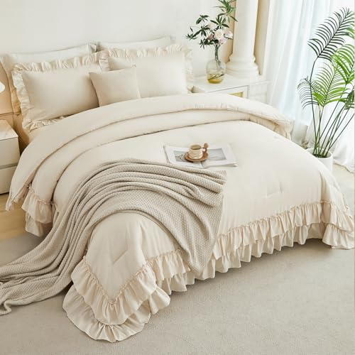 ANGIYUIN 5-Piece Queen Bedding Set Beige Double Ruffle Comforter Sheets