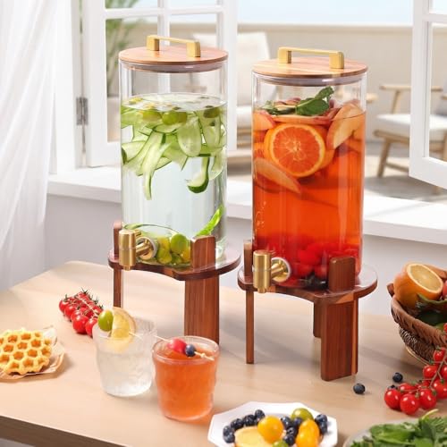 Glass Drink Dispenser Set with Wood Stands - 1.5 Gallon Beverage Dispenser for Parties & Daily Use