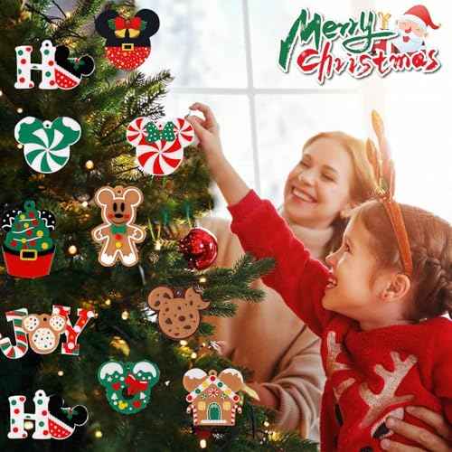 Christmas Tree Hanging Ornaments, 12Pcs Wooden Mouse Decorations for Holiday Christmas Trees Hanging Slices with Ropes Party Xmas