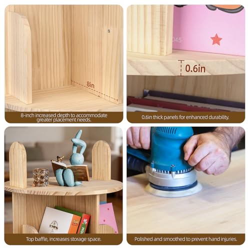 Kryonix 3 Tier Kids Rotating Bookshelf, Spinning Solid Pine Wood