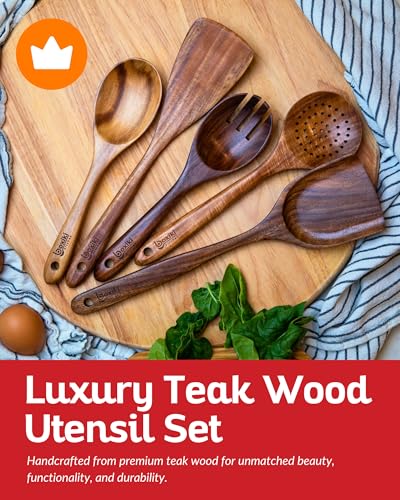 Luxury Teak Wood Utensil Set - 6-Piece Kitchen Cooking Tools Including Spatula & Spoons