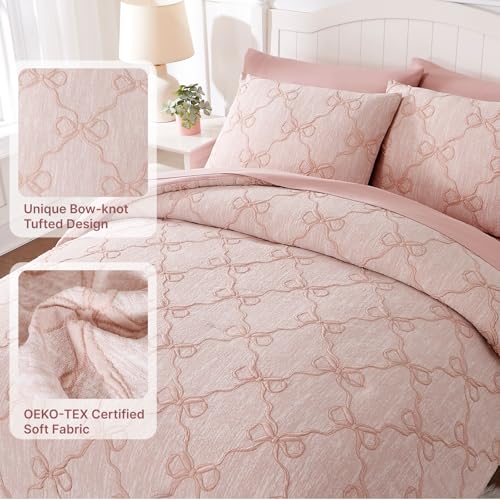 Pink Bow Twin Comforter Set with Sheets - Girl Bedroom Bedding 5 Pieces