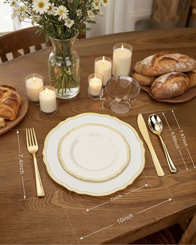 Hioasis Ivory Gold Disposable Plastic Plates Set for Wedding & Party – 350 pcs, 50 Guests, 10-inch & 7-inch Dinner & Dessert Plates