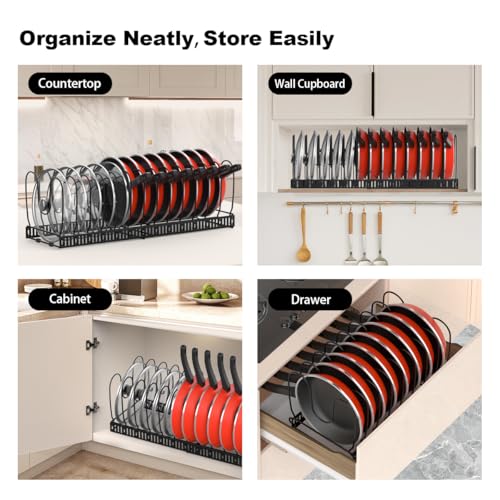 Housolution 2 Pack Black Pot and Pan Lid Organizer with 14 Adjustable Dividers