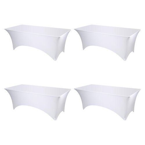 BRILLMAX 4 Pack White Spandex Table Covers for 8 Ft Rectangle Tables - 180 GSM Thick Stretch Tablecloth Fitted, Reinforced Foot Pockets, Wrinkle Free Cloth for Wedding Banquet Party Trade Show