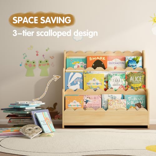 Natural 3-Tier Solid Pine Wood Bookshelf with Scalloped Edges - Montessori Style