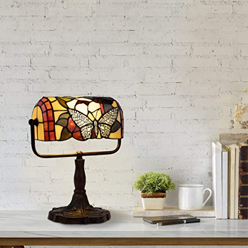 Multicolor Tiffany Style Bankers Desk Lamp with Stained Glass Butterfly Shade