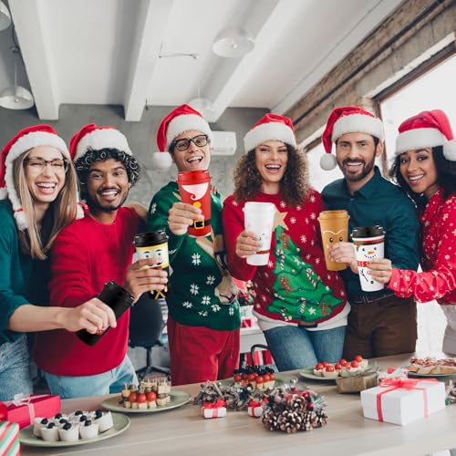 SiliFine 16 Pcs Christmas Coffee Cups with Lids 16 oz - Reusable Travel Mugs (Christmas)