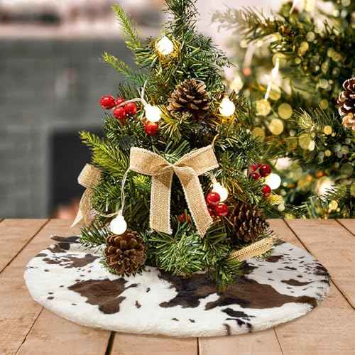 Cow Print Christmas Tree Skirt,24Inch Western Cowhide Tree Shirt,Christmas Tree Decorations Mats, Decor Xmas Holiday Home Party Decorations