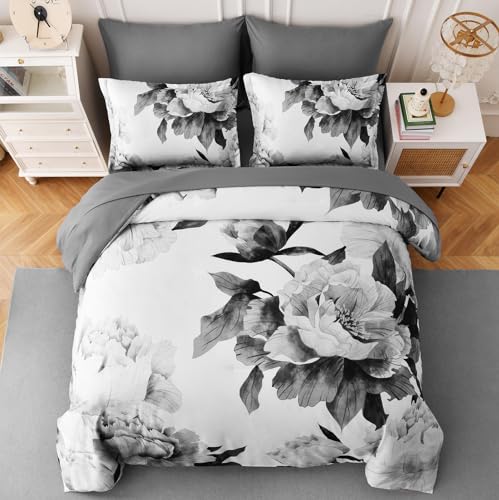 Dobuyly Queen Comforter Set 7 Pieces Grey Floral Bed in a Bag, All-Season Microfiber Bedding