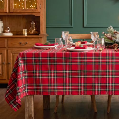 LOSIVISHE Christmas Plaid 144" x 60" Waterproof Tablecloth - Red Check Holiday Table Cover