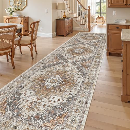 Madane 3x10 Washable Hallway Runner Rug - Turmeric & Grey Non-Slip Low-Pile