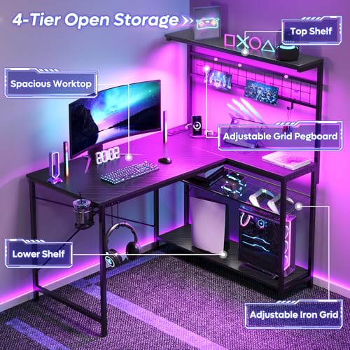 Bestier 42-Inch Carbon Fiber Black Gaming Desk with LED Lights & Power Outlets