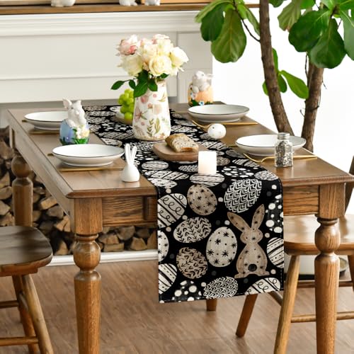 Artoid Mode Bunny Rabbit Egg Flowers Easter Table Runner 13x60 Inch Black Seasonal Decor