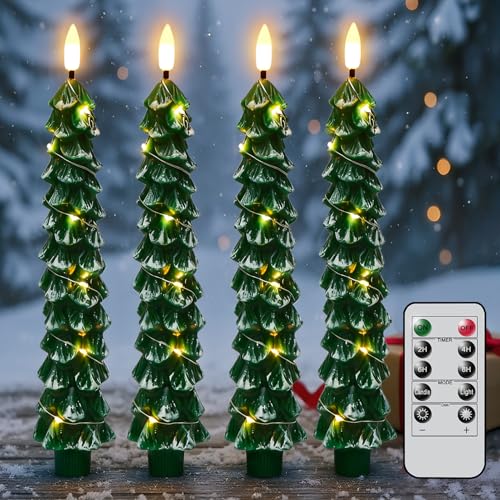 KunSwenn 4-Pack Flameless Christmas Tree Candles with Remote & String Lights