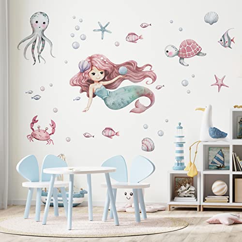 Mfault Mermaid Under The Sea Wall Decals Stickers, Baby Girls Ocean Creatures Nursery Decoration Bedroom Playroom Art, Coastal Beach Octopus Turtles Shell Bubble Fish Kids Room Bathroom Home Decor