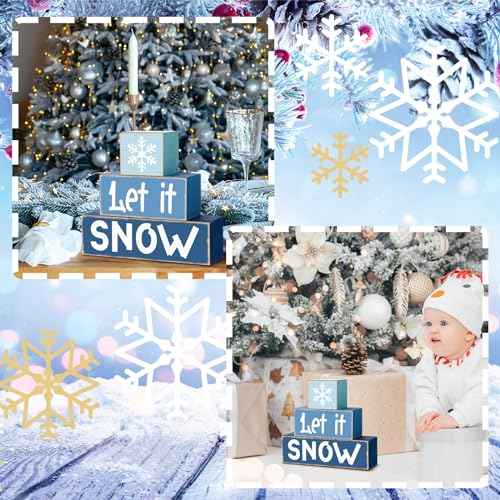 3 Pcs Winter Let It Snow Tiered Tray Decor Table Sign Winter Theme Wood Decorations Centerpiece Decor for Party Gift Desk(Stylish Style)