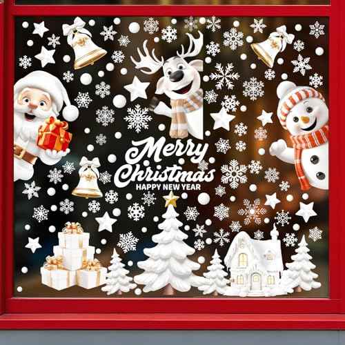 162 Pcs Christmas Window Clings - 9 Sheets White Snowman Reindeer Christmas Window Stickers, Reusable Double-Sided Printed for Home, Mall Glass, Cafe Xmas Decor