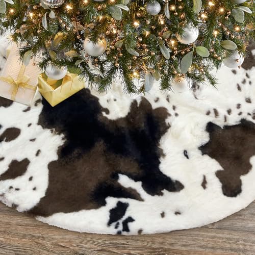 DegGod 24-Inch Cow Print Christmas Tree Skirt - Faux Fur Western Cowhide Ready for Xmas
