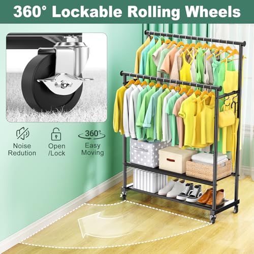 Heavy Duty Double Rod Clothes Rack with Wheels - Black, 65-Inch Garment Organizer with Shelves