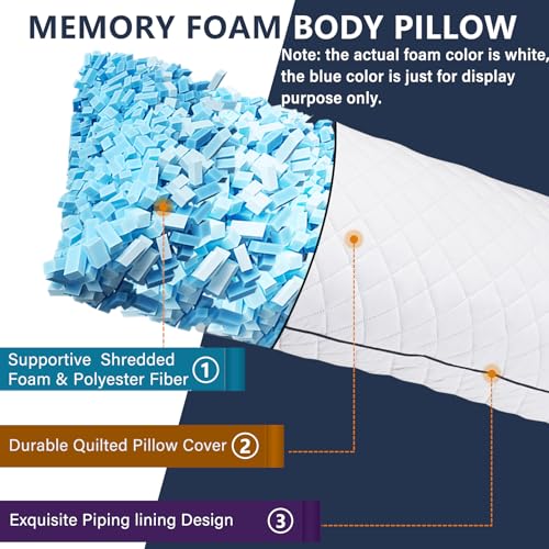 1 MIDDLE ONE White Body Pillow 20x60 Inch Memory Foam Full Support for Side Sleepers