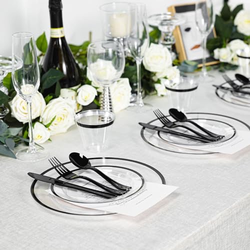 600PCS Clear Black Disposable Dinnerware Set for Parties - Heavy Duty, BPA-Free