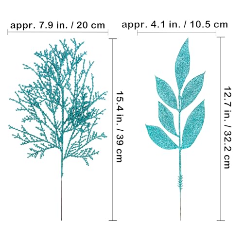 Winlyn Teal Blue Glittered Artificial Christmas Leaf Sprays - 30 Pcs Holiday Floral Decor