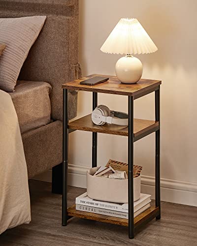VASAGLE Rustic Brown & Ink Black Small End Table with 3 Tiers - Modern Steel Frame Nightstand