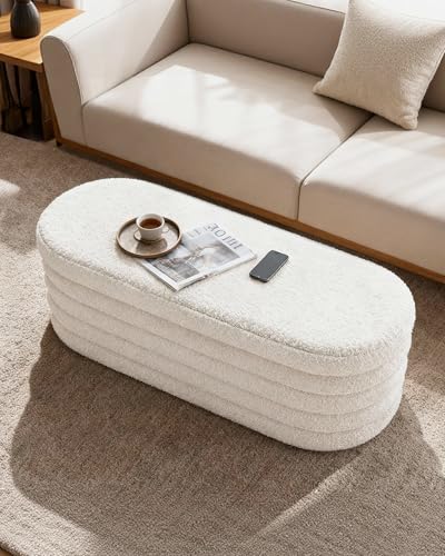 43-Inch White Sherpa Storage Ottoman Bench, Modern Footrest & Seat