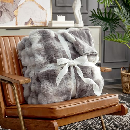 Queen Size Tie-Dye Taupe Faux Fur Throw Blanket - Cozy Bliss Bubble Design