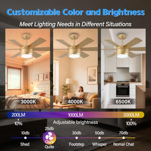 SHOWDI Gold Ceiling Fan with Lights and Remote - 42 Inch, 6-Blade, Quiet Reversible