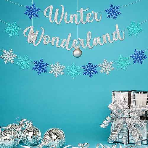 3 Pcs Winter Wonderland Banner Glittery Blue Silver Christmas Decorations Snowflake Banner for Winter Wonderland Frozen Themed Christmas Holiday Party D?cor