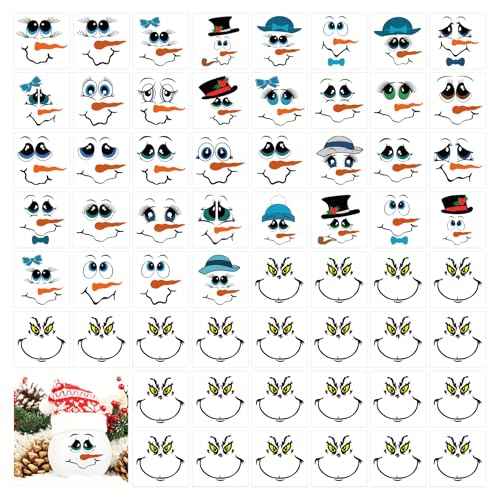60 Pcs Christmas Face Stickers for Crafts Small 2 inch Vinyl Rub on Transfers UV Snowman Faces Pitcher Decals for Ornaments Glass Drinking Cups Wood Bowl Decorations Balls Party Supplies (snow60)