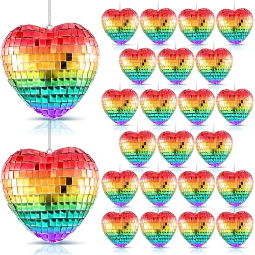 Vercraft 24 pcs Rainbow Heart Pride Disco Christmas Ornaments with Lanyards - Gay Pride Decorations