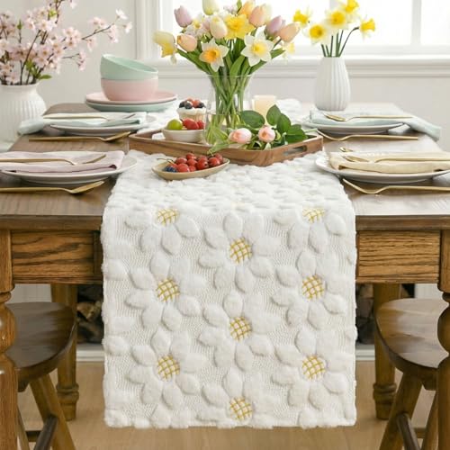 Artoid Mode 13" x 120" White Faux Fur Sunflower Table Runner for Home & Dining