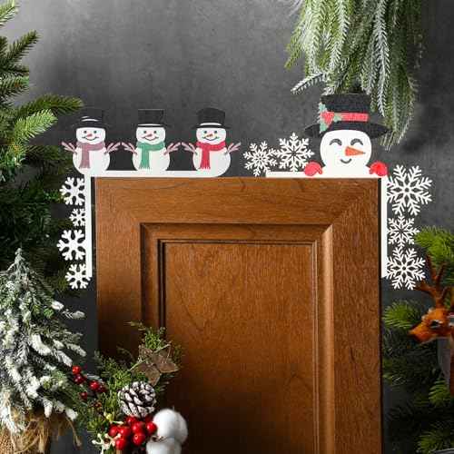 2 Pcs Christmas Door Topper Funny Snowman Snowflake Door Frame Corner Sign Decor Home Wooden Christmas Cabinet Knob Covers Party Ornament Props Gift for Wall Window DIY