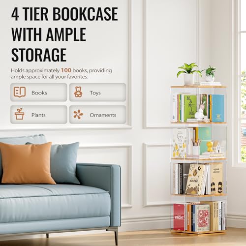 Rotating Bookshelf 4-Tier Spinning Bookcase - Natural Square Acrylic & Wood