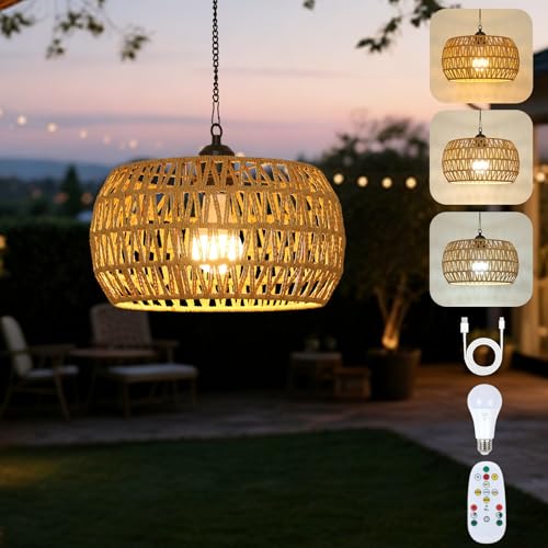 Eayaya Battery Operated Rattan Pendant Chandelier with Remote - 11.8” Outdoor & Indoor Boho Hanging Light, Model 1