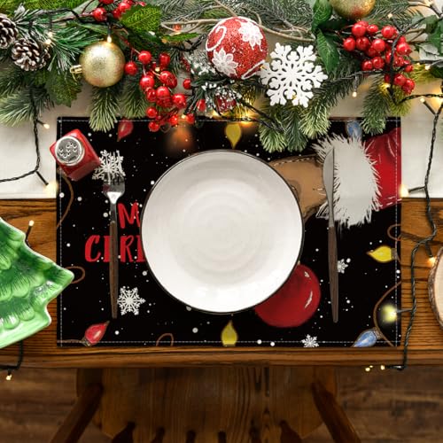 Artoid Mode Xmas Ball Merry Christmas Placemats Set of 6, 12x18 Inch Seasonal Winter Holiday Black Table Mats for Party Kitchen Dining Decoration