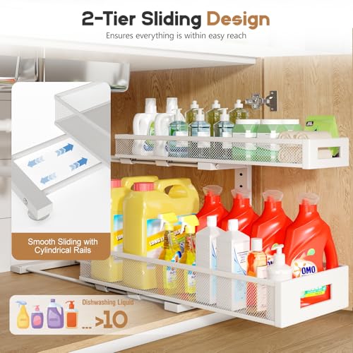 White 2 Pack Under Sink Storage Organizer - 20.47 Inch Depth, 2-Tier Pull-Out Shelves, Adjustable Height