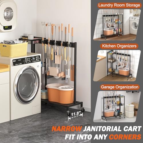 Olakee Large Broom & Mop Organizer with Cleaning Supplies Caddy, Janitorial Cart