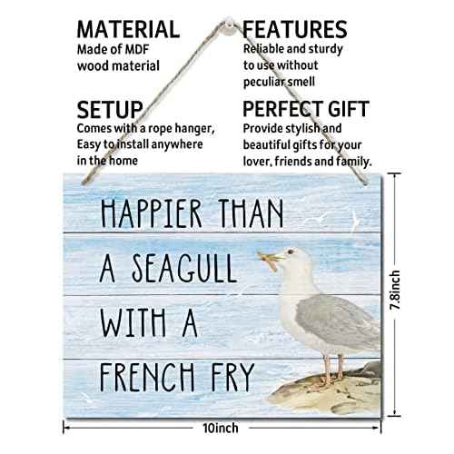 Happier Than a Seagull with a French Fry Decor Sign, Hanging Printed Wall Plaque Wood Signs, Home D?cor Gift, Rustic Farmhouse Decorations for The Home 10X7.8inch