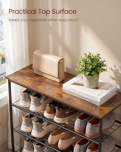 VASAGLE Rustic Brown & Ink Black 4-Tier Metal Shoe Rack - Holds 12-16 Pairs