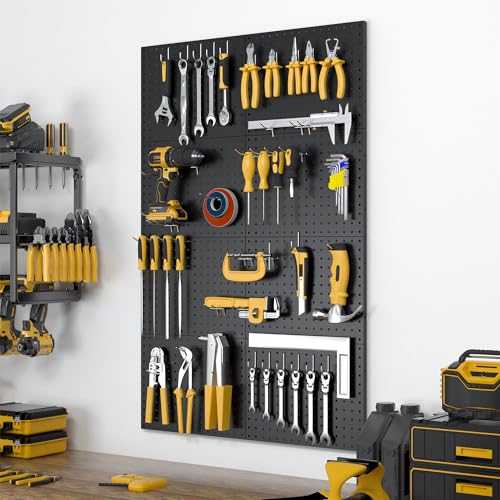 Black Metal Pegboard Panels 8 Pack - 16x12 Inch Wall Organizer with 50 Hooks