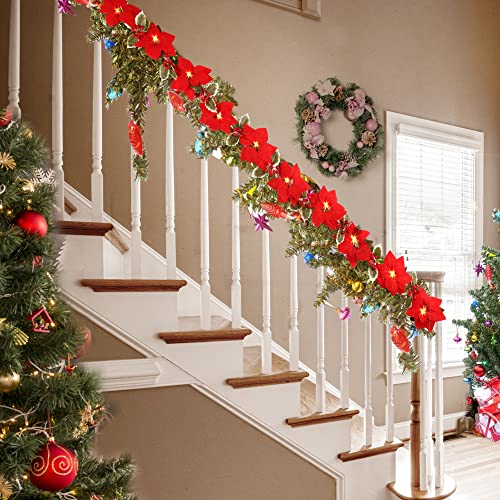 Sggvecsy Christmas Poinsettia Garland 7.1Ft Poinsettia Velvet Artificial Poinsettia Garland String Lights with Red Berries Holly Leaves for Christmas Decorations Mantle Indoor Outdoor Holiday Decor
