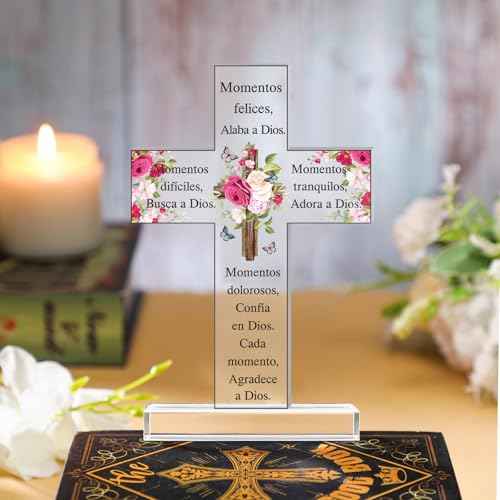 Shellwei Christmas Spanish Christian Acrylic Gift Religious Cross Inspirational Gift Spanish Cross Shape Acrylic Prayer Bible Verse Desk Decor for Women Mom Xmas Mother's Day Birthday(Cute)