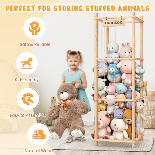 Natural Wood Stuffed Animal Storage Zoo Organizer for Kids, Toy Display