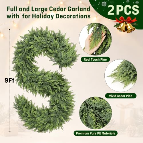 Dirnun 9ft Christmas Green Cedar Garland with Large Branches - 2 Pack